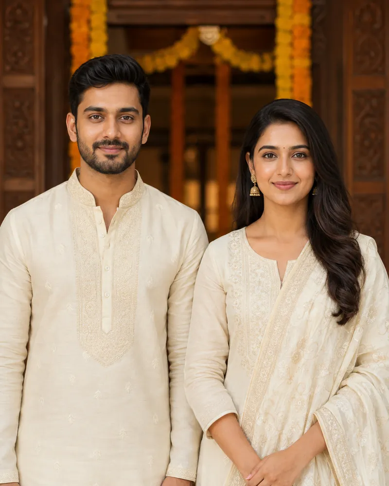 A woman and a man in cream festive Indian dress, standing together at a marigold-draped doorway